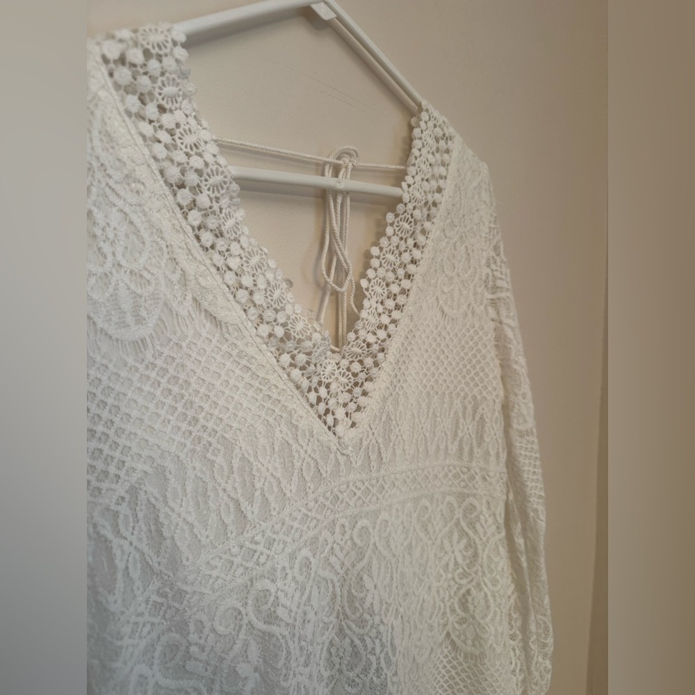 Mustard Seed White Lace Boho Mini Dress Long Sleeve V-Neck Size Medium NWT - Picture 4 of 6
